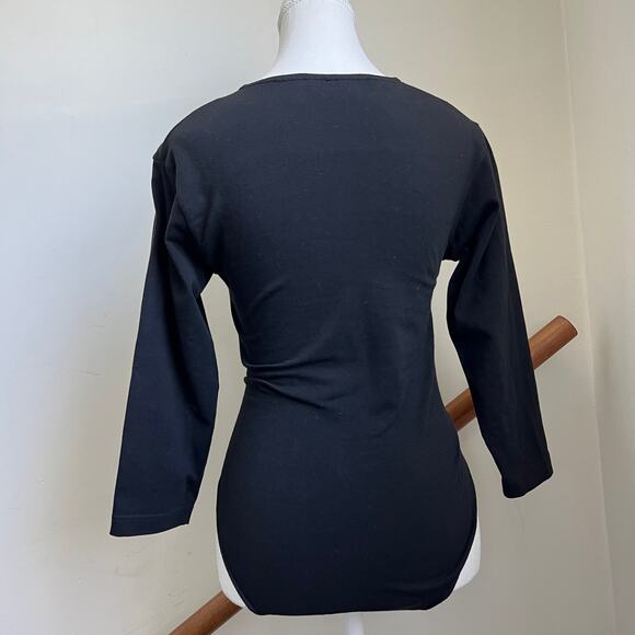 Vintage Gold Label Victoria Secret 80s Long Sleeve Bodysuit Black Wrap Surplice - Picture 6 of 9